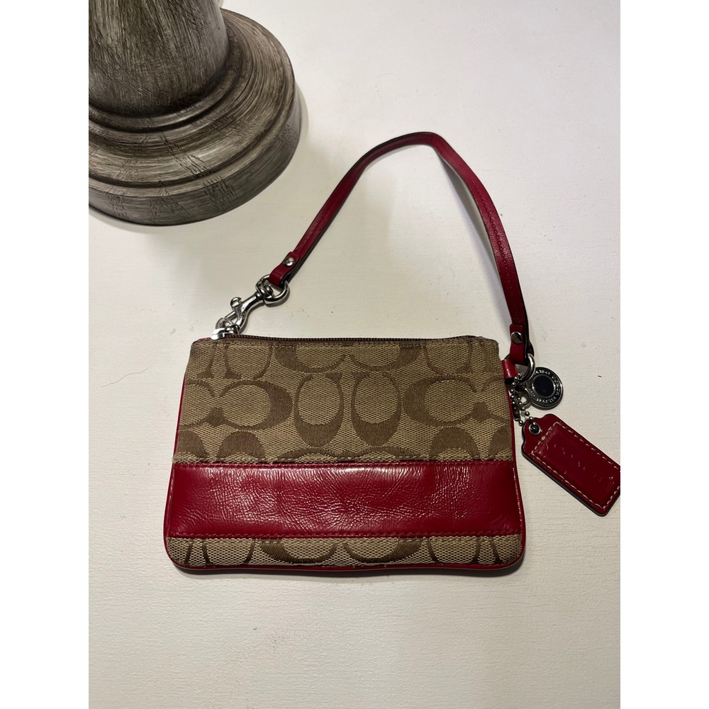 Coach Signature Jacquard‎ Wristlet Khaki Red Leather Trim 42927 Small Bag